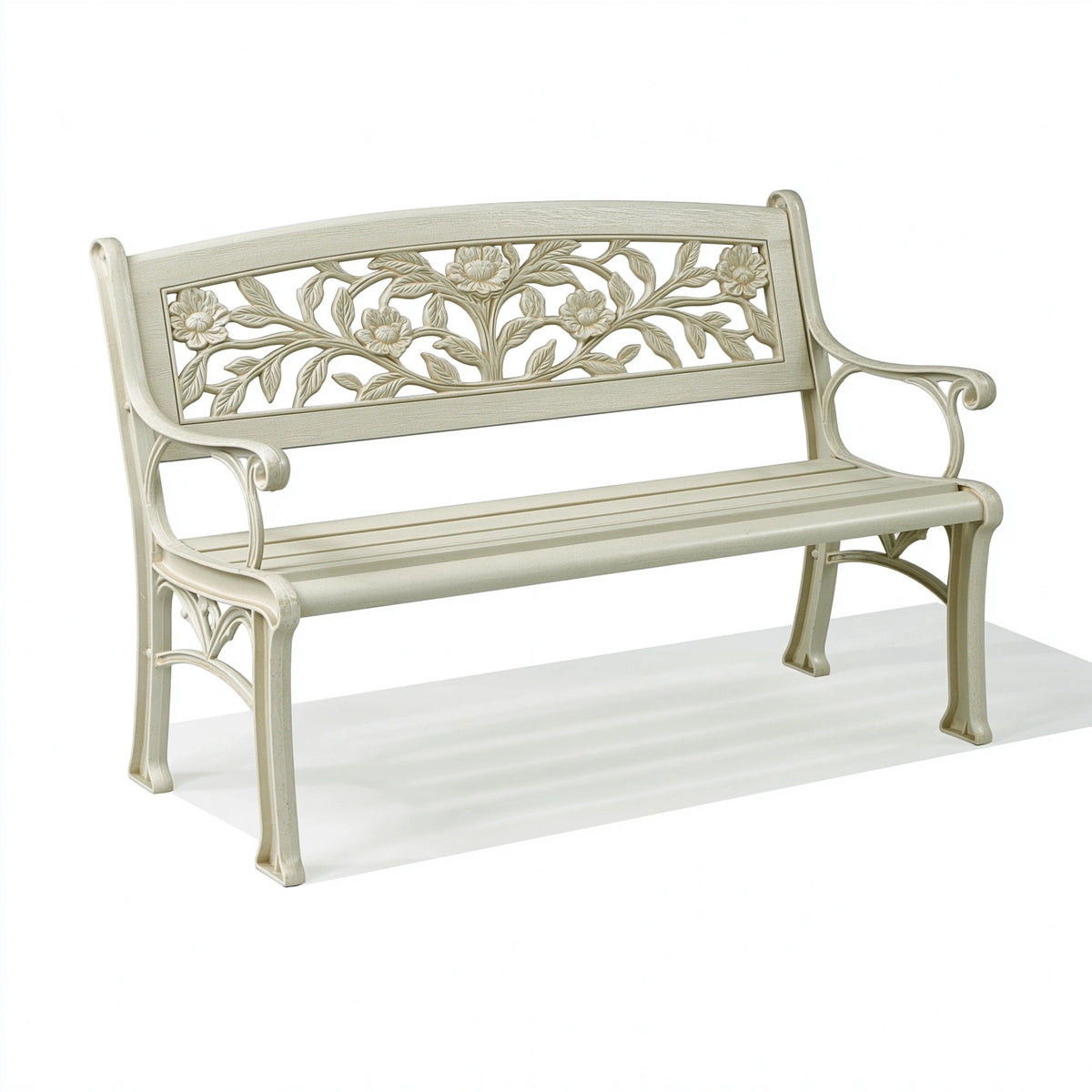 Gartenbank 126 x 60 x 88 cm Metall Cremeweiß mit floralem Muster