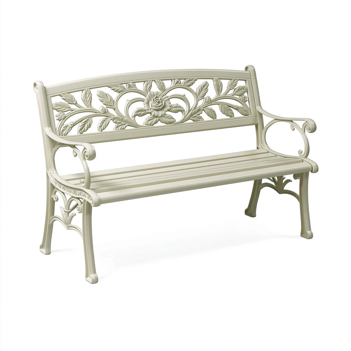 Gartenbank 120 x 60 x 85 cm Metall cremeweiß Rosenmotiv klassisch