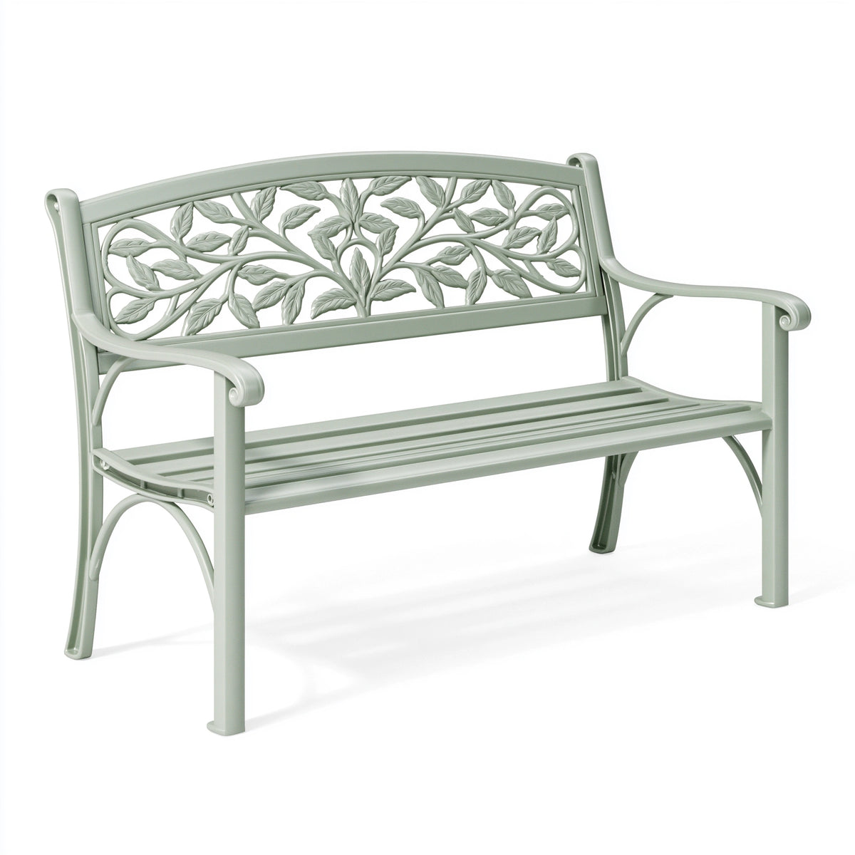 Gartenbank 120 x 60 x 90 cm aus Metall in Salbeigrün mit Blattmuster
