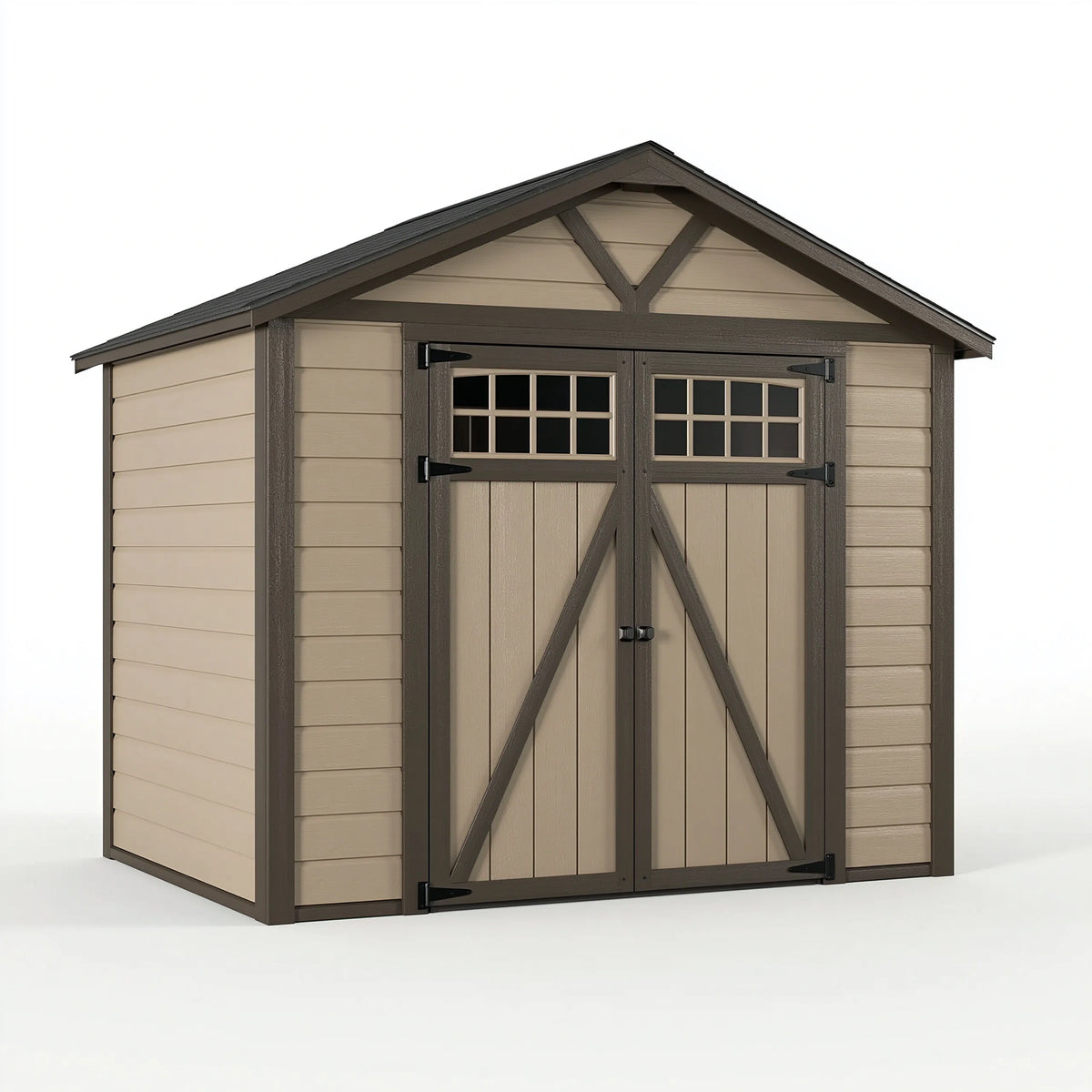 Kunststoff Geräteschuppen 229 x 223 x 242 cm Beige Dunkelbraun mit Doppeltür und Fensteroptik