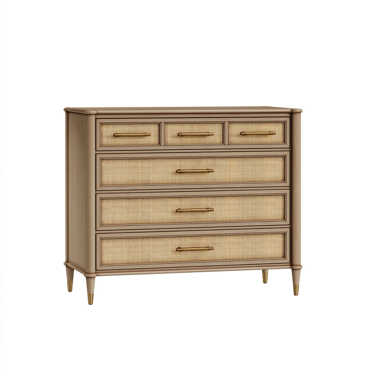 Kommode 100 x 45 x 120 cm aus Holzwerkstoff und Rattangeflecht in Natur - 6 Schubladen im Retro-Stil
