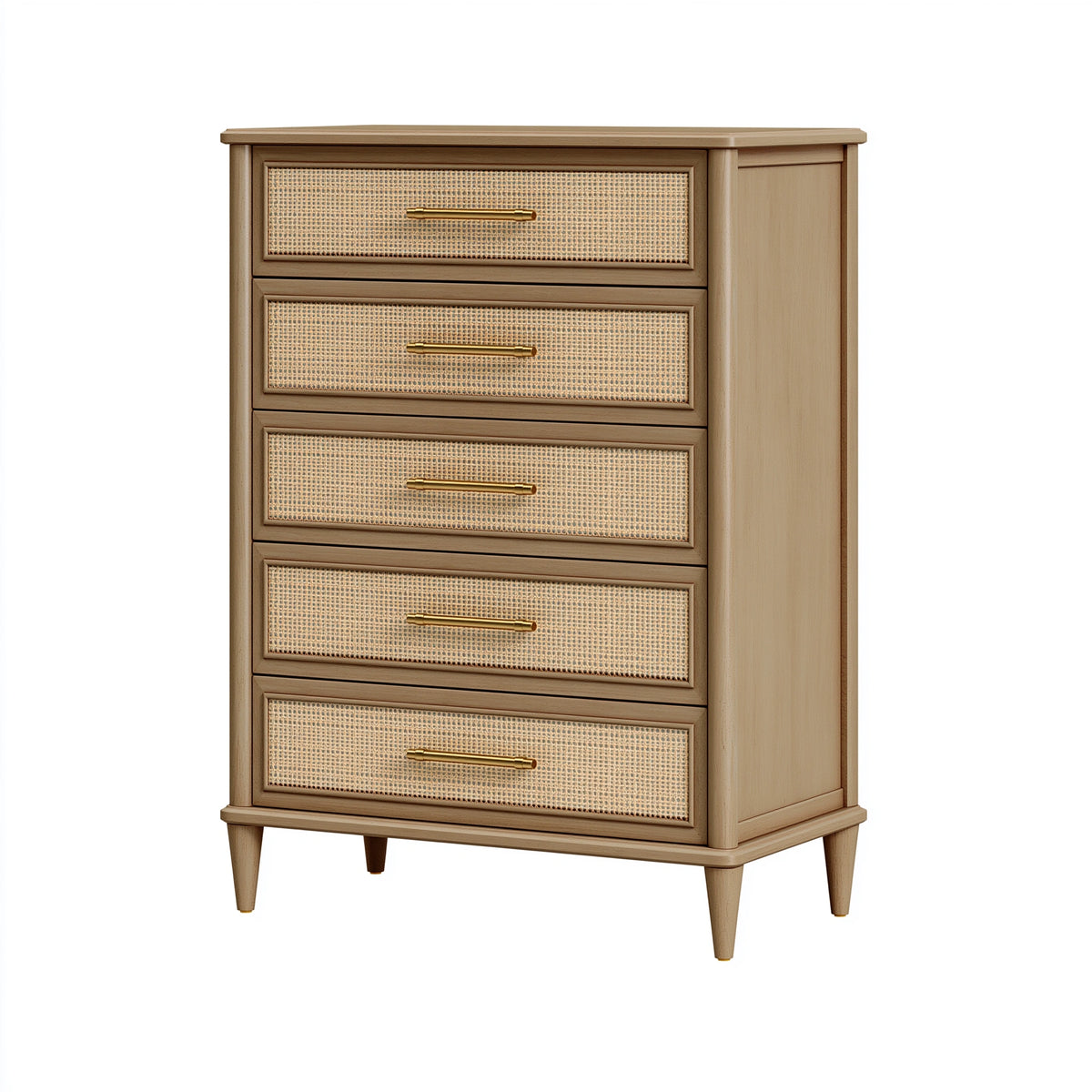 Kommode 80 x 45 x 120 cm aus Holz in Natur mit Rattangeflecht - fünf Schubladen im Retro-Stil