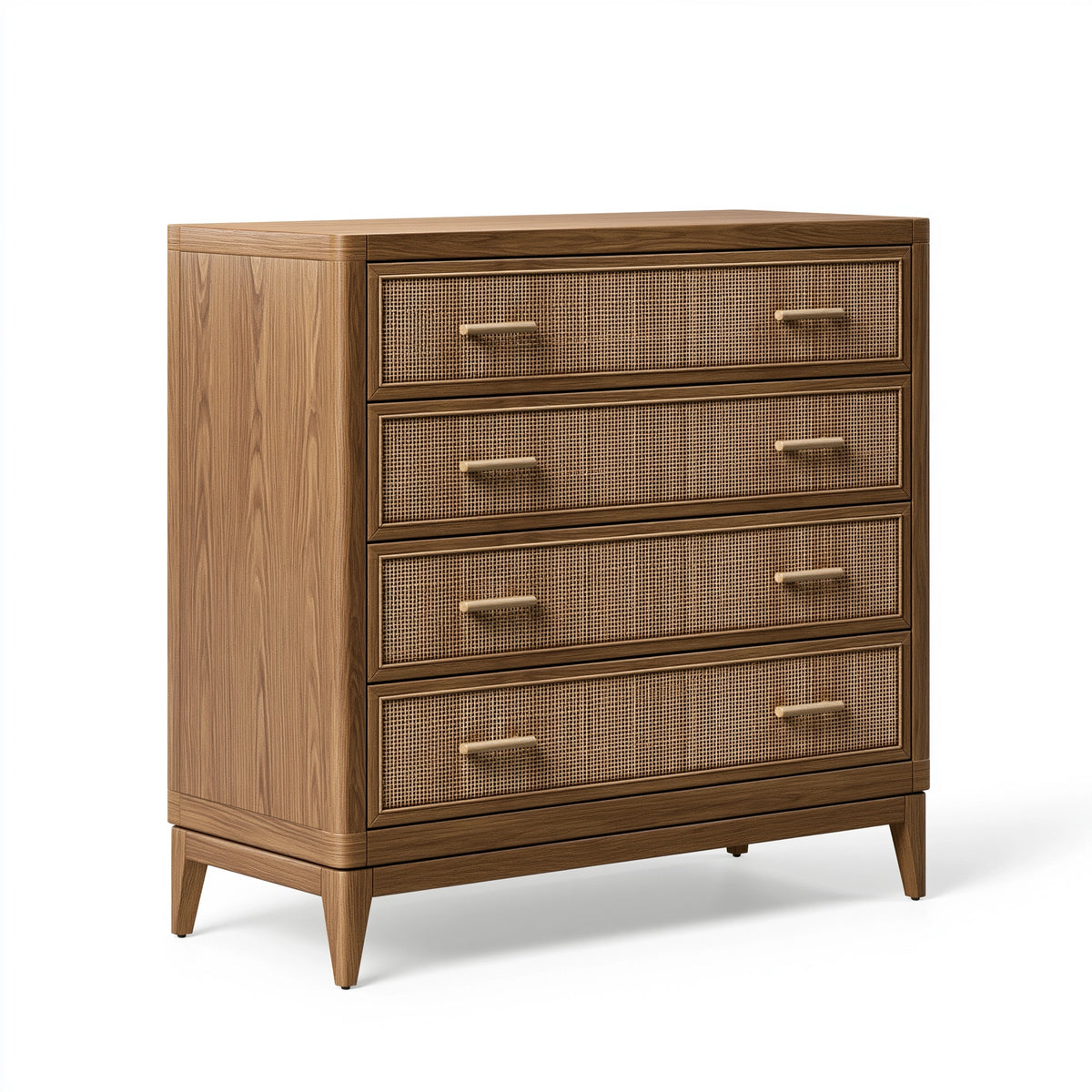 Kommode 90 x 45 x 120 cm Holz Naturbraun mit Rattangeflecht im Retro-Stil