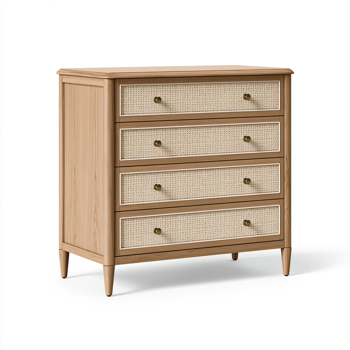 Kommode 80 x 40 x 100 cm aus Holz in Natur mit Rattangeflecht und 4 Schubladen