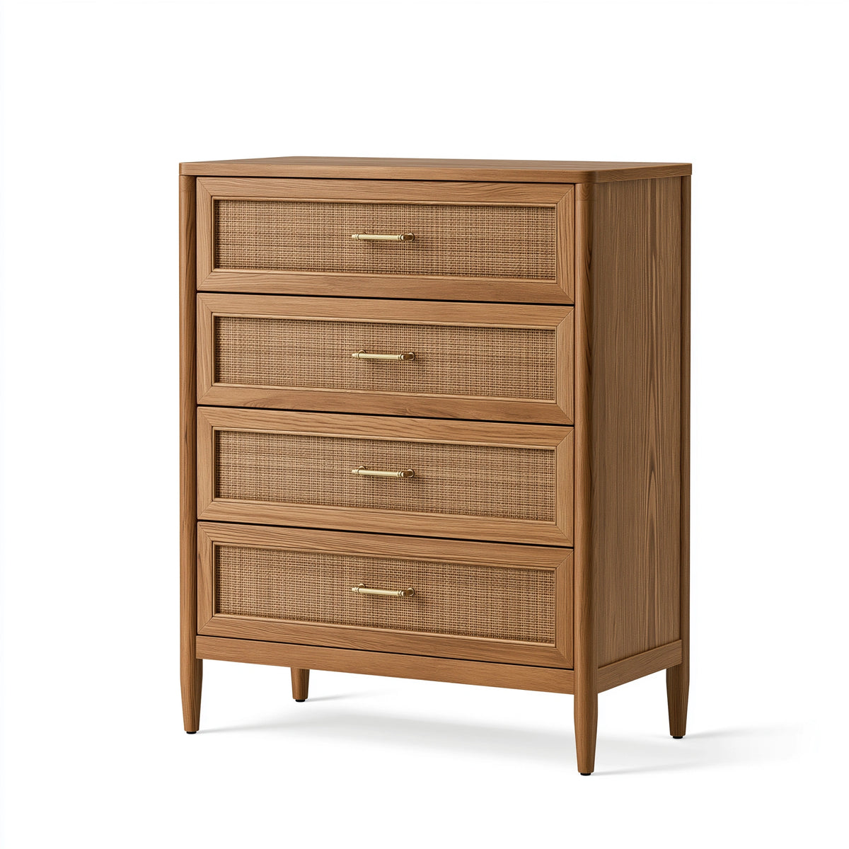 Kommode 80 x 40 x 120 cm aus Holz in Naturbraun mit Rattangeflecht - vier Schubladen im Retro-Stil