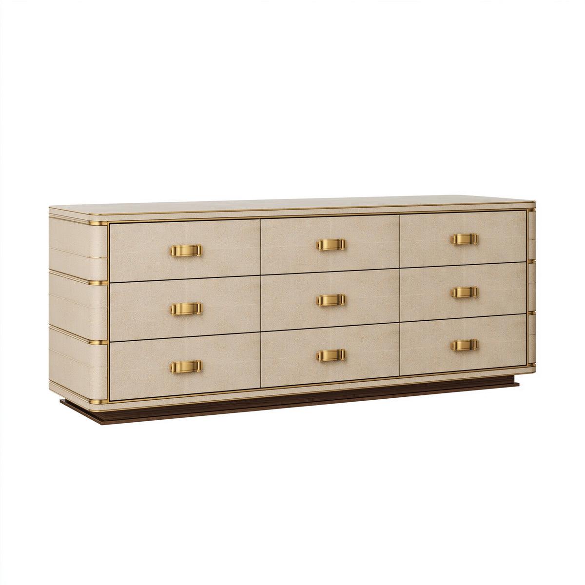 Kommode 180 cm x 50 cm x 90 cm in Beige mit Kunstlederbezug und goldfarbenen Metallgriffen - 9 Schubladen im modernen Stil