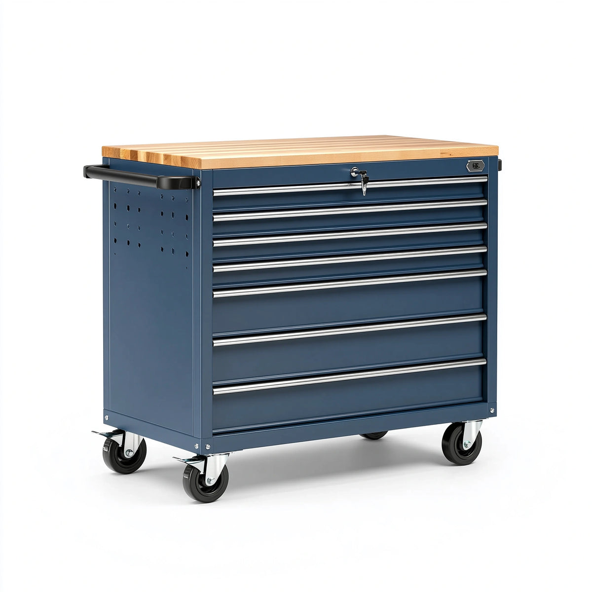 Werkzeugwagen 77 x 46 x 97 cm aus Stahl in Dunkelblau mit Holzarbeitsplatte und Schubladen