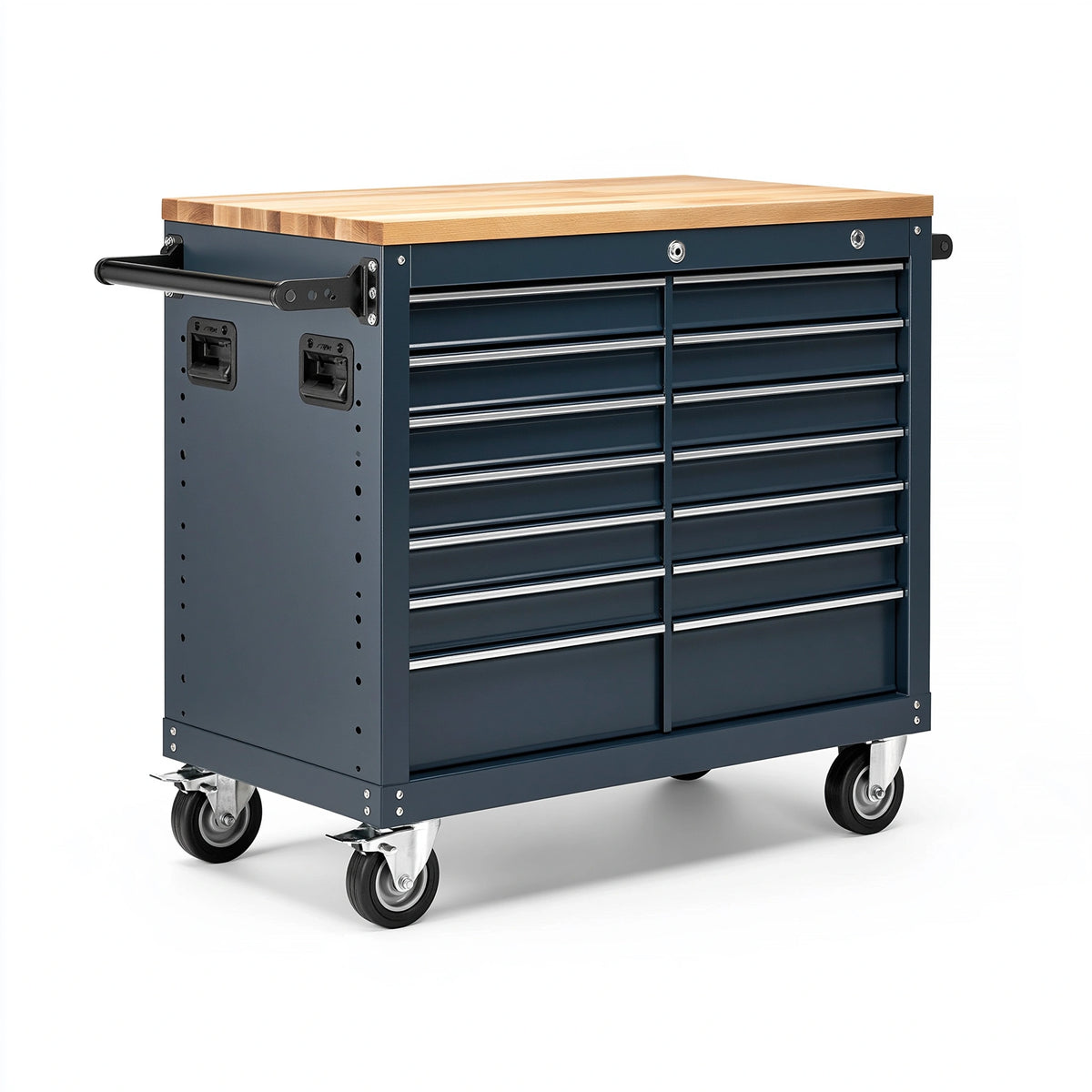 Werkzeugwagen 100 x 50 x 95 cm aus Stahl und Holz in Dunkelblau - mobiler Schubladenschrank im Industriestil