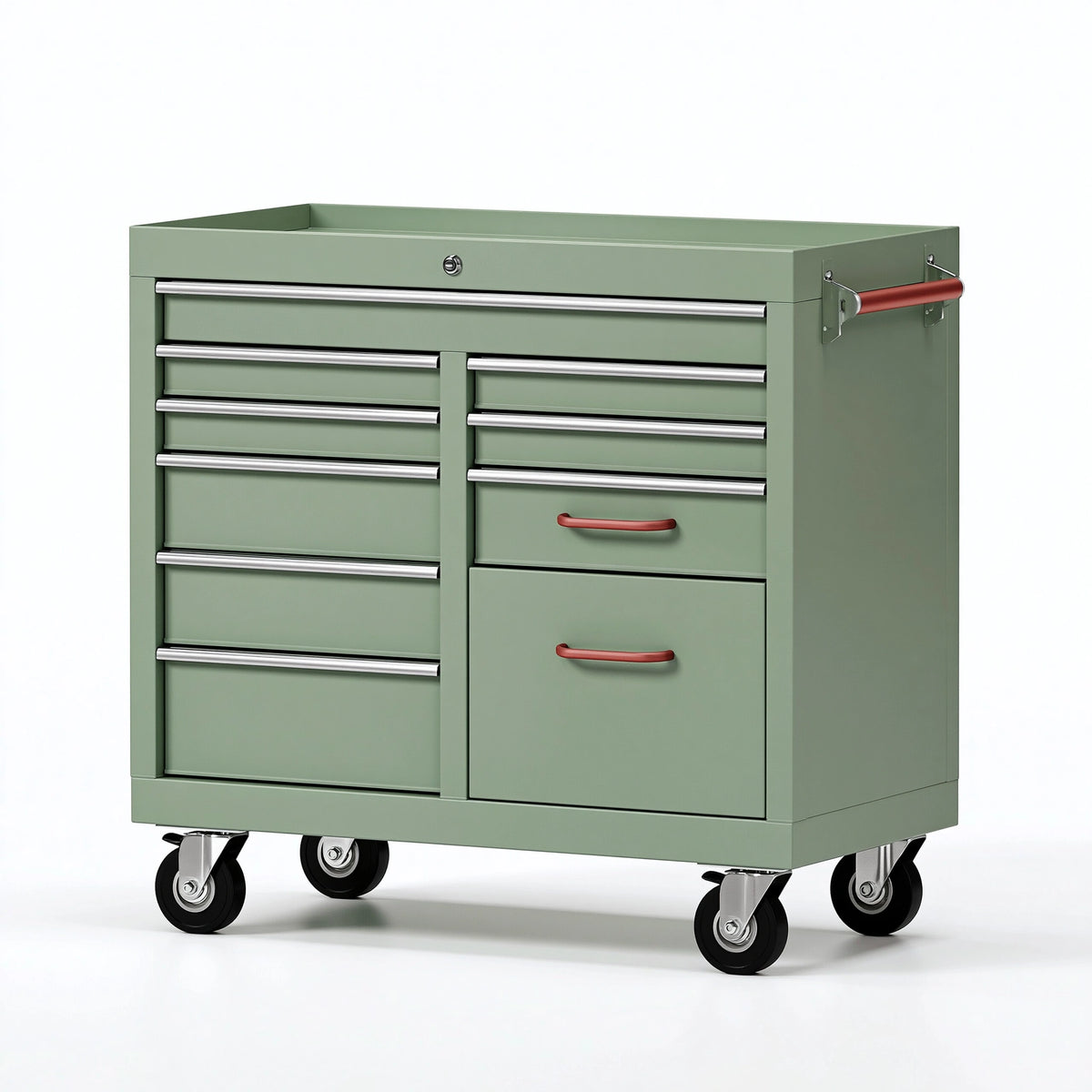 Werkzeugwagen 120 x 55 x 100 cm aus Stahl salbeigrün mit 11 Schubladen Rollen und Ablage